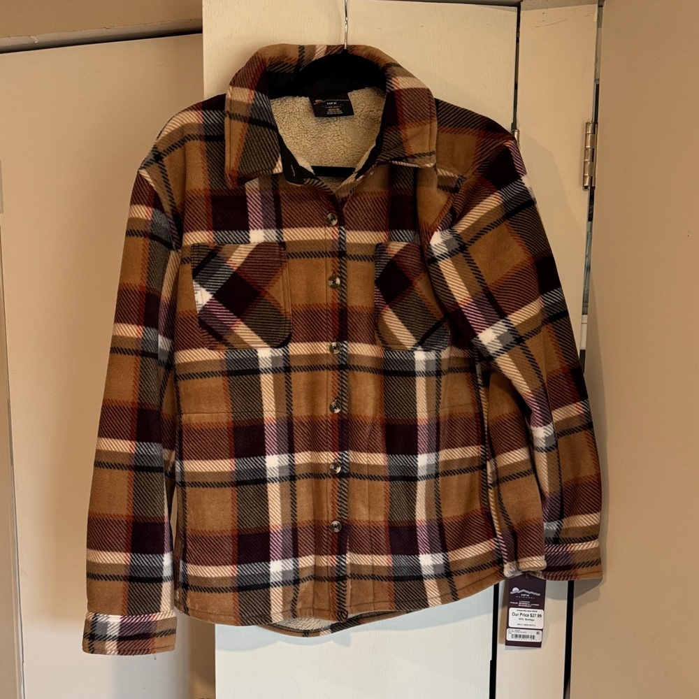HFx Sherpa-Lined Plaid Shacket - Brown, Burgundy & Cream